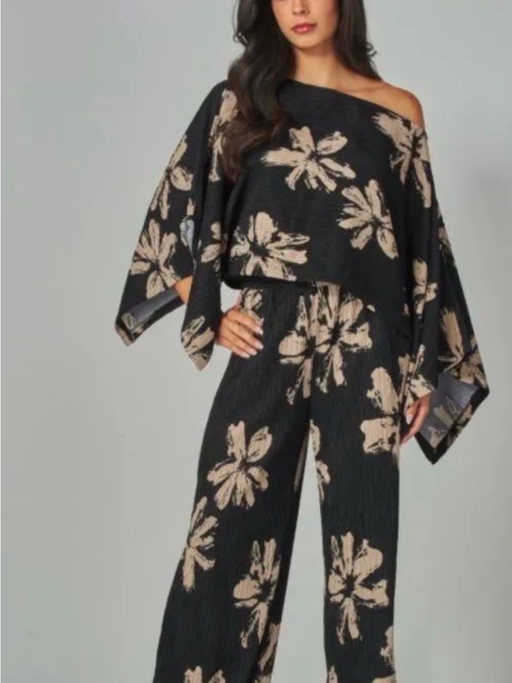 Black Floral Off-Shoulder Kimono top with wide leg pants